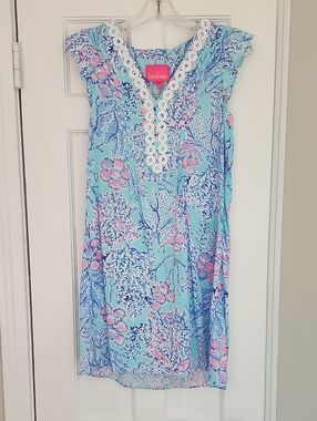 Lilly Pulitzer Aqua Pink Navy Floral Shift with Lace Trim